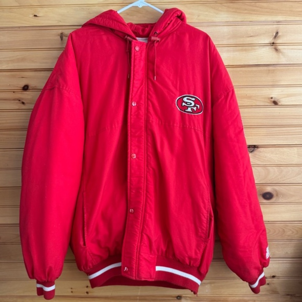 Starter San Francisco 49ers Men’s Hooded Zip Up Button Red Poly/Nylon Jacket XL